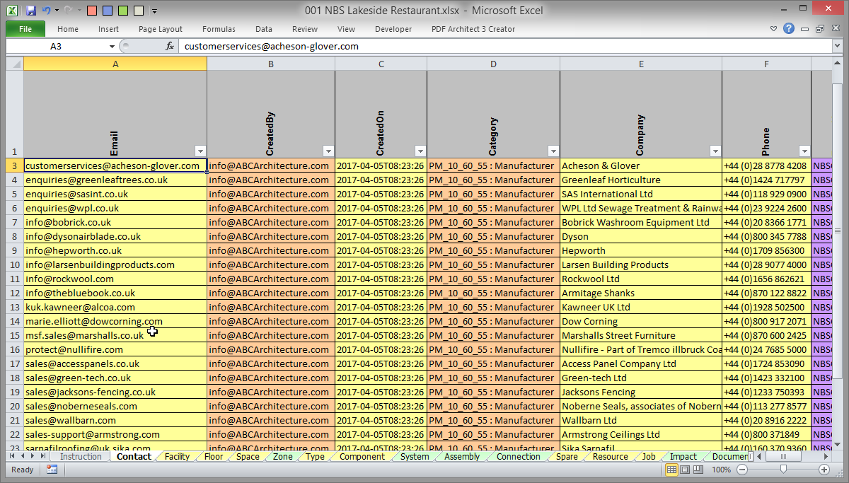Figure 10 – The “Contact” worksheet within a typical COBie spreadsheet